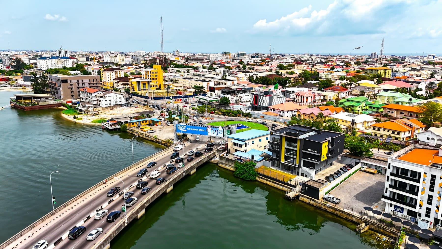Lagos waterfront and bridge from above